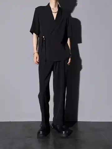 여름용 얇은 아이스 실크 캐주얼 루즈핏 반팔 투피스 수트 세트 (남성용, 패셔너블한 젊은 감성, 팝 스타일, 단색)
