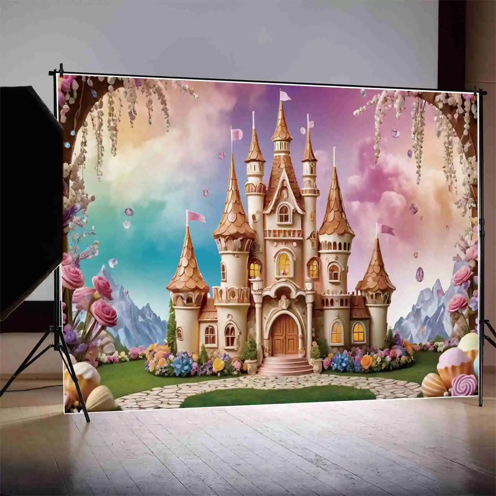 MOON.QG Floral Candy Castle Birthday Background Girls Flower Garden Fairy Princess Backdrops Customized Party Photocall Supplies