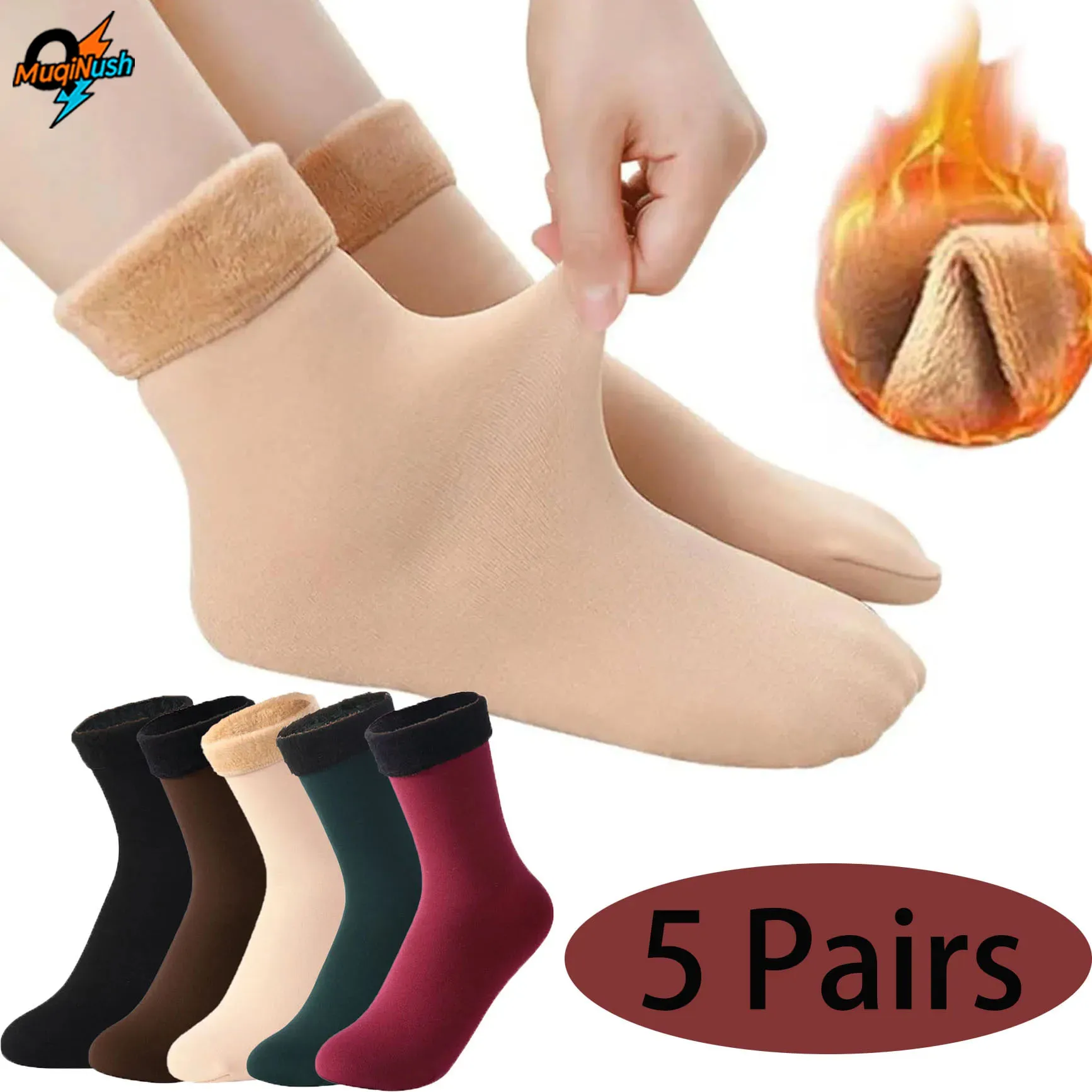 

MuqiNush 5Pairs Women Winter Warm Thicken Short Thermal Cashmere Wool Socks Nylon Snow Velvet Boots Home Floor Calcetines Mujer