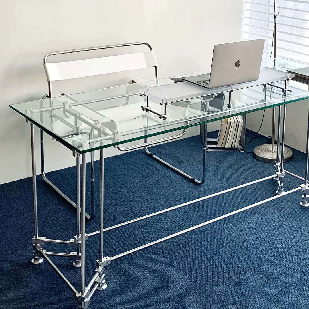 Bauhaus Metal Tempered Glass Table for Computer Desk Writing Desk Optical Axis Transparent Glass Desk for Home Office Study