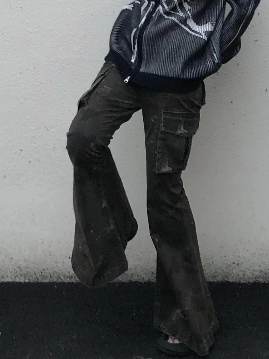 

Винтажные камуфляжные расклешенные джинсы с Mutil Pockets, женские осенние брюки-карго с низкой посадкой Y2K, эстетические брюки Харадзюку 2000-х годов