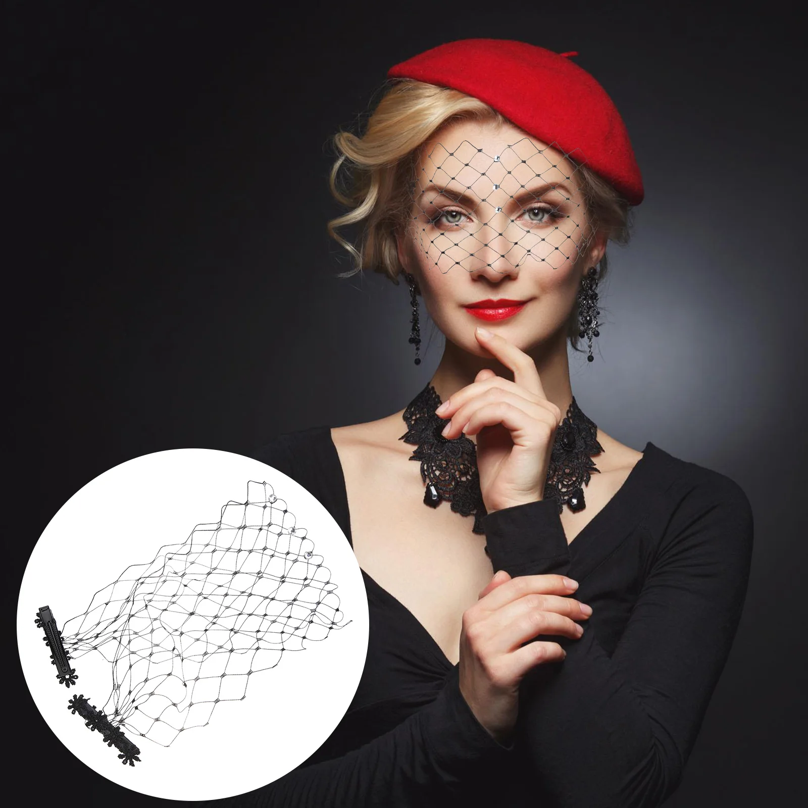 

Black Mesh Water Drill Face Veil Clips Elegant Short Bride Birdcage Veil for Wedding Masquerade Tea Party Accessories