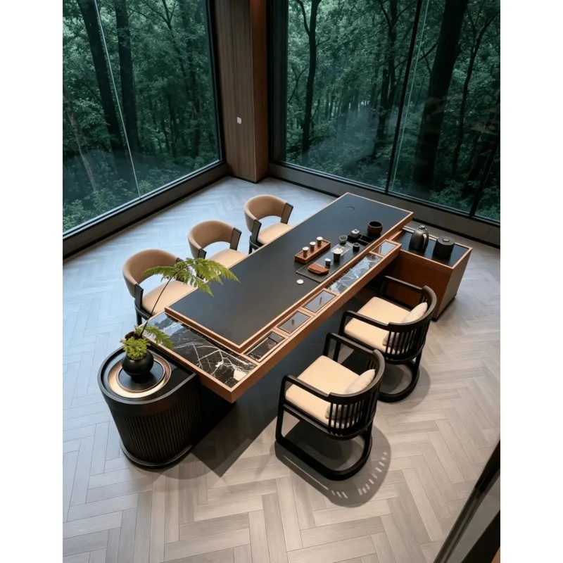 New Chinese rock slab tea table and chair combination, solid wood light luxury modern tea table