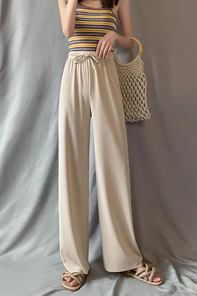 2025 New Ice Silk Wide Leg Pants Women's Spring and Summer Thin High Waist Drape Slim Straight Leg Loose Casual Pants