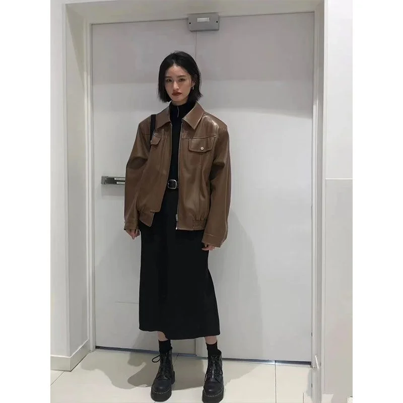 ربيع جديد الكورية نمط فضفاض البني الرجعية الشارع الجلود المرأة عمال دراجة نارية سترة بولي يوريثان #4
