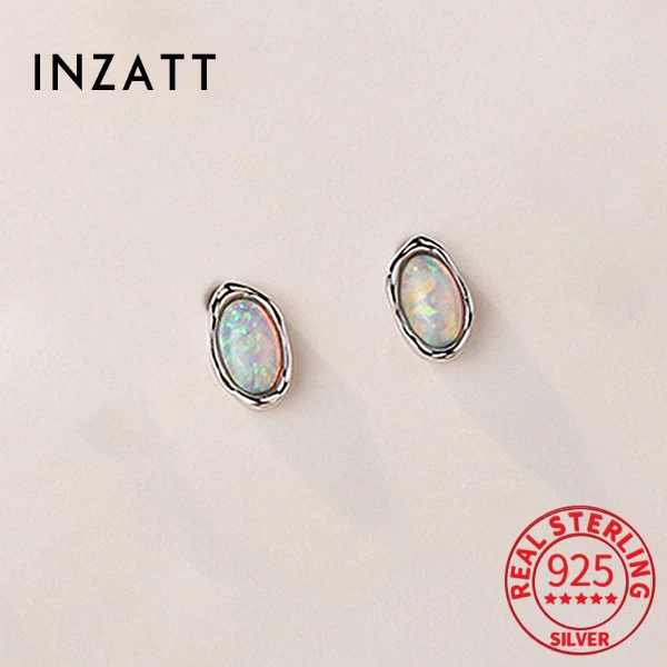 INZATT 100% 925 Sterling Silver Opal Stud Earrings for Women Trendy Fine Jewelry Irregular Geometric Accessories