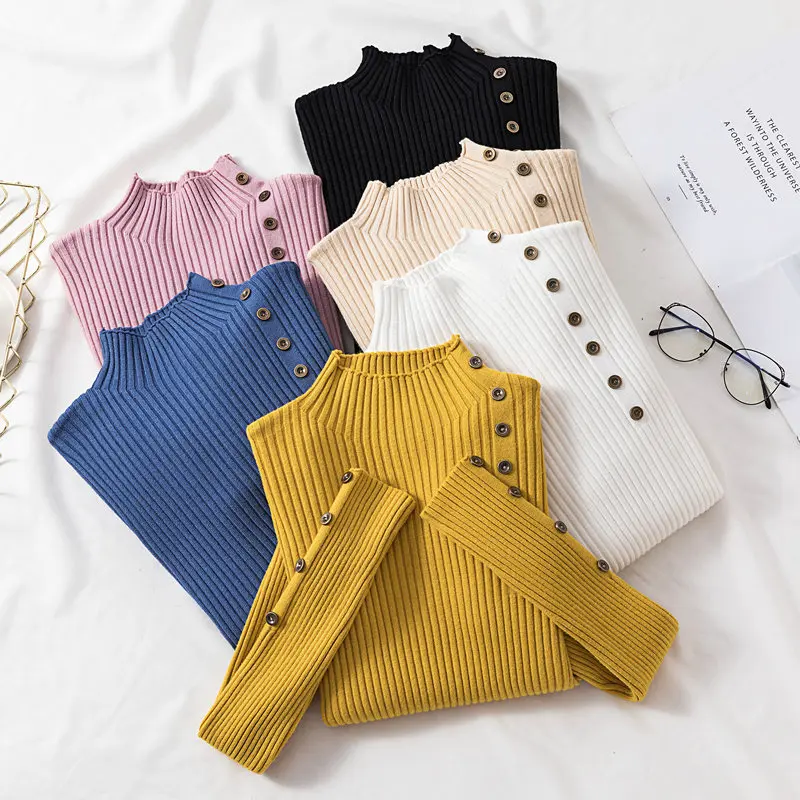 2024 Women Autumn Knitted Slim Sweaters Solid Knitted Female Cotton Soft Elastic Color Pullovers Button Full Sleeve Turtleneck