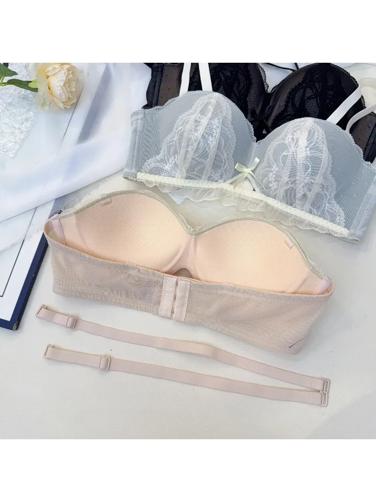 YEMOMO Sexy Spitzen-BH-Set für Damen, trägerlos, Push-up, Demi-Cup, rutschfest, stützend, Dessous, 2-teilig, Full-Cup, S-XLAB Unterwäsche-Set