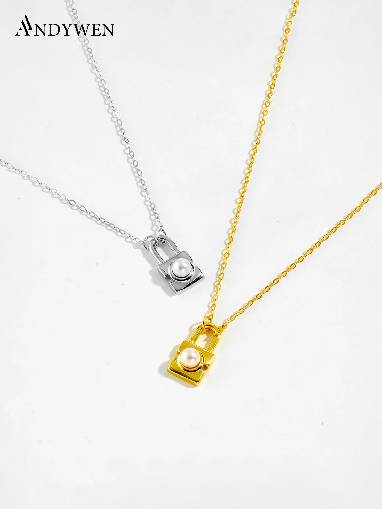 

ANDYWEN 925 Silver Lock Pendant Necklace, Freshwater Pearl in Lock Center, Elegant Jewelry Gift Box for Women, Formal Daily Wear