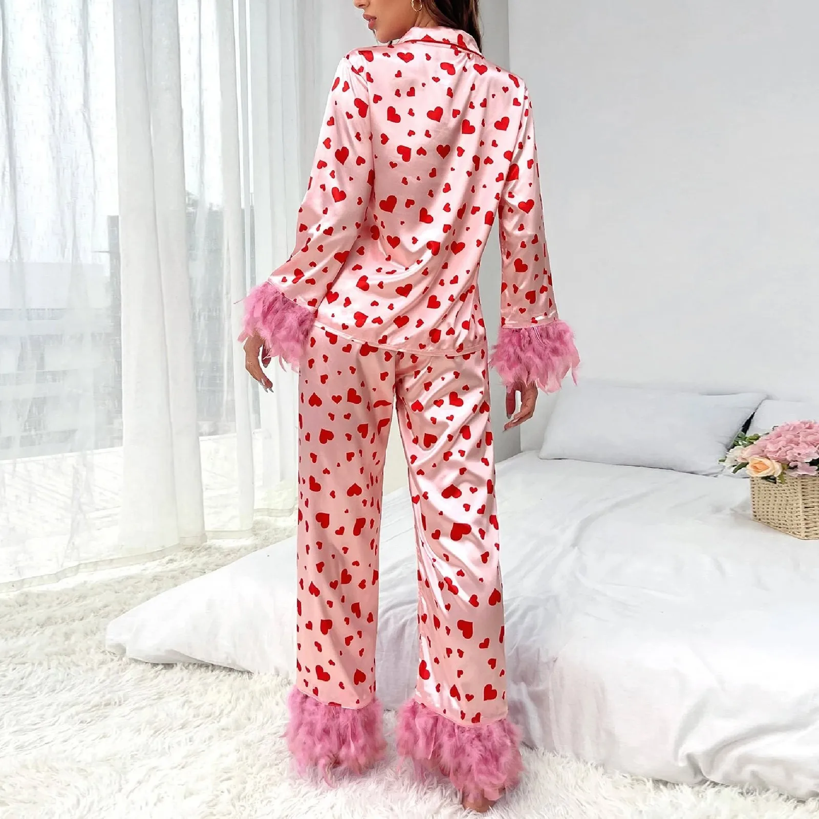 Printed Pyjama Sets For Women Soft Comfortable Imitation Silk Loungewear Two-Piece Trend Long Sleeve Matching Pyjamas Nightwear