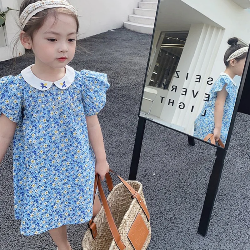 Summer Girls Dresses Country Style Embroidery Doll Collar Flying Sleeves Mini Cute Dress Party Princess Dress Charm Vestidos