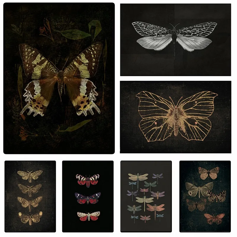 Black White Dark Butterfly Moth Canvas Poster Vintage Wall Art Minimalist Insect Botanical Painting for Gothic Living Room Decor