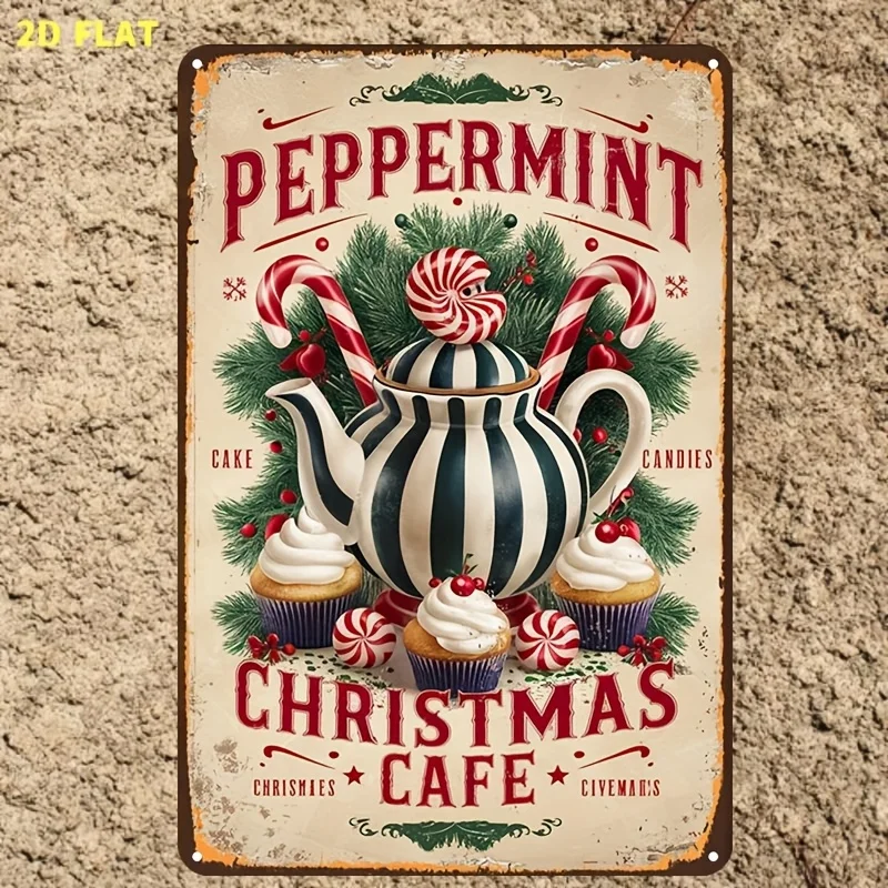 2D Flat 1Pc Vintage Mint Green Christmas Coffee Shop Metal Tin Sign, Wall Decor Plaque for Indoor Garden Outdoor Home Office Bat