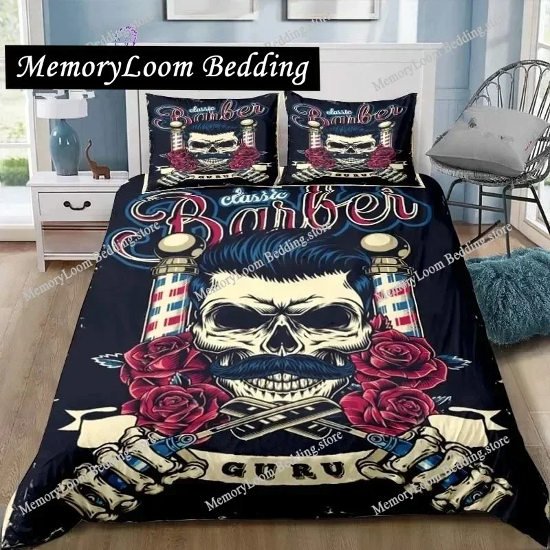 Vintage Barber Shop Skull Sign Bedding Set Single Twin Full Queen King Size Bed Set Adult Kid Bedroom 3D Print Bedding Gift