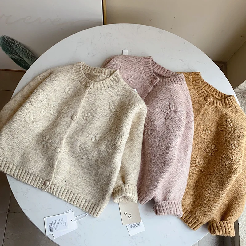 

Children's sweater autumn and winter new Korean version of girls jacquard crew neck thick knitted cardigan jacket