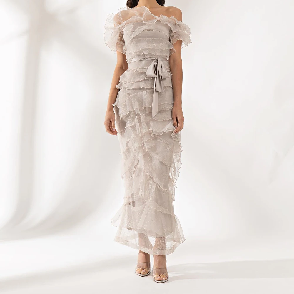 

Graceful Chiffon Straight Off the Shoulder Ruffles Evening Dress High Quality Ankle Length Strapless Sleeveless