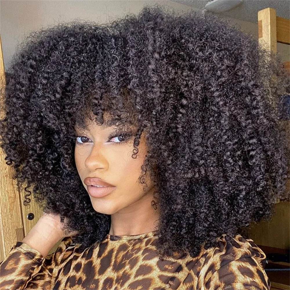 100% Human Hair Wig With Bangs Afro Kinky Curly Human Hair Wigs For Black Women Cheap Malaysian Human Hair Wigs 8-16 Inch