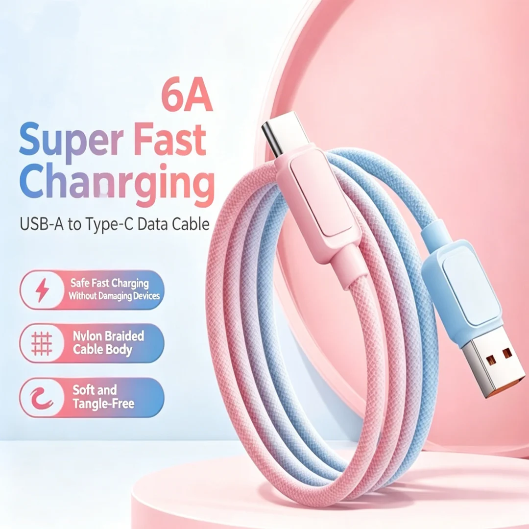 100W 6A Fast Charging USB to Type-C Braided Cable Gradient Two-tone Design 1.2M Multi Colors Optional For Huawei Xiaomi