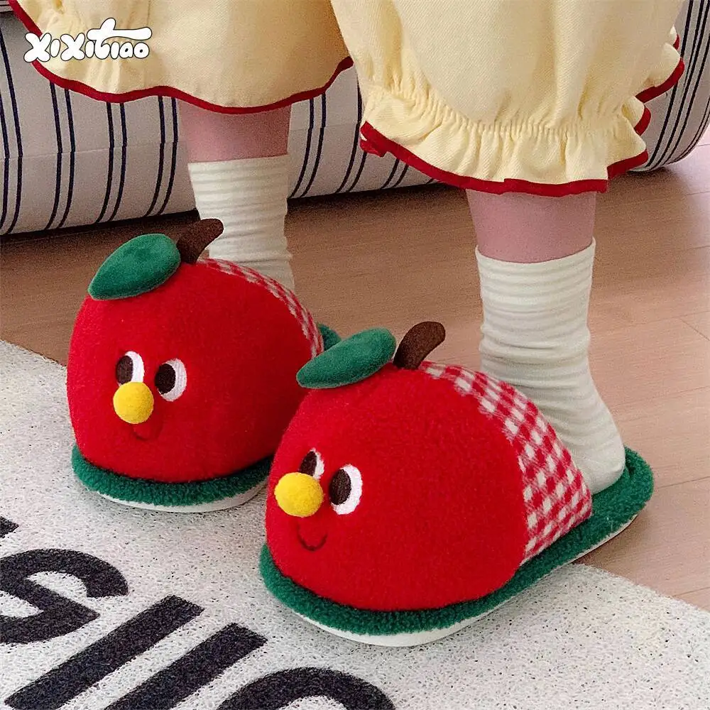 

Indoor Household Furry Cotton Slippers Women's Cute Red Apple Design Winter Indoor Home Slippers Anti-Slip Shoes
