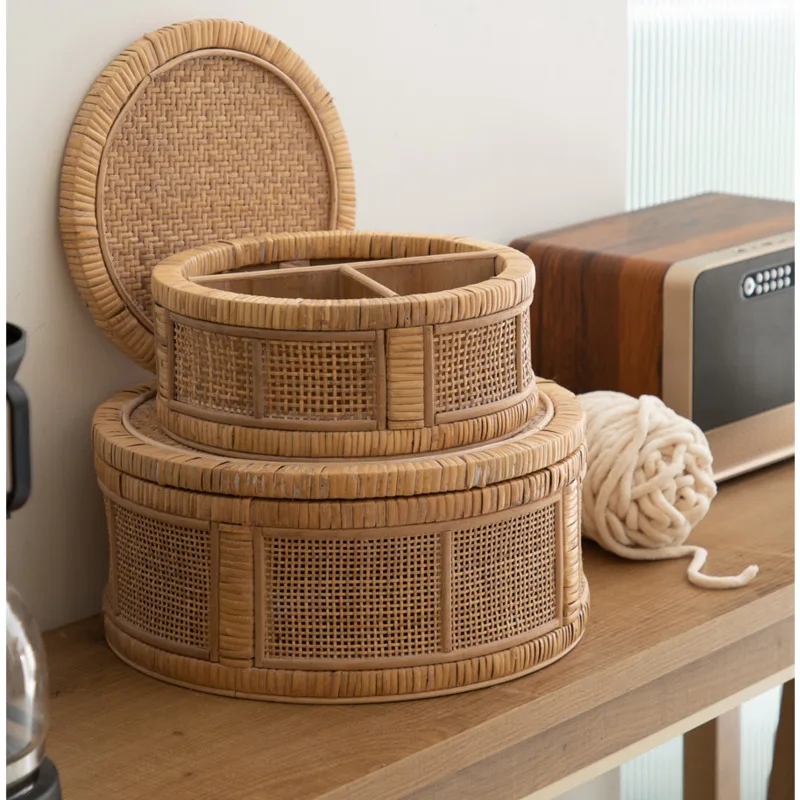 

Handmade Rattan Weaving Storage Box Large Multigrid Snack Basket With Cover Organizer Case Exquisite And Durable Home Supplies