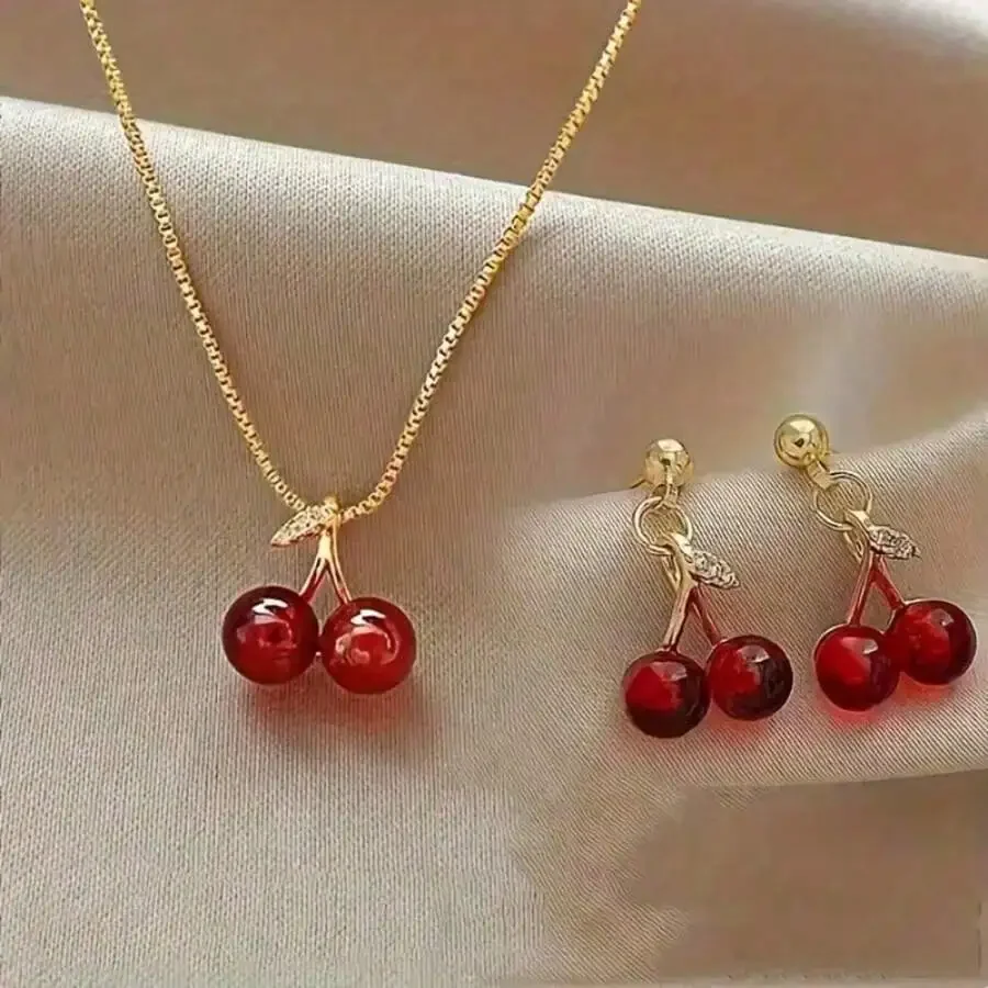

Perfect gift,3PC Fashionable And Luxurious Red Cherry Pendant Necklace, Suitable For Personalized Girls' Daily Wear, Party Accessories, And Gifts