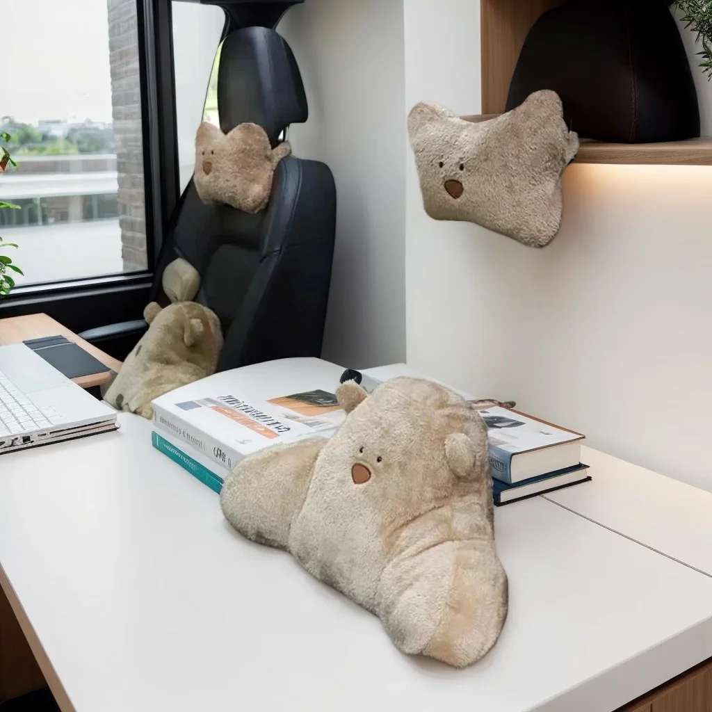 

Плюшевая подушка для подголовника автомобиля и поясничной поддержки с мультяшным медведем для спинки, шеи, удобный автомобильный аксессуар