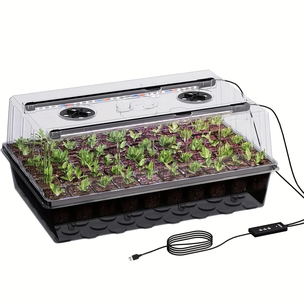 Self-watering seedling cultivation tray with supplementary lighting and humidifying dome, 3/6/12-hour timer, 5-level dimming, 3