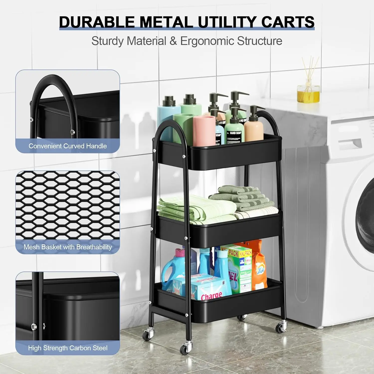 3 Tier Utility Rolling Cart, Metal Storage Cart with Handle and Lockable Wheels, Multifunctional Storage Organizer Trolley