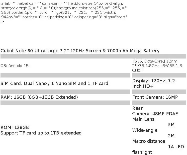 [Ship From UK]Cubot Note 60 Android 15 Smartphone 7.2'' 120Hz Display 16GB(6+10GB )RAM 128GB ROM 48MP Camera 7000mAh Cellphones