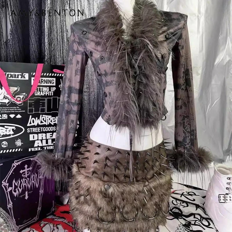 

Gothic Dark European American Hot Girl Women's Cardigan Autumn New Sweet Cool Sexy Furry Splicing Rivet Bodycon Skirt Set Ladies