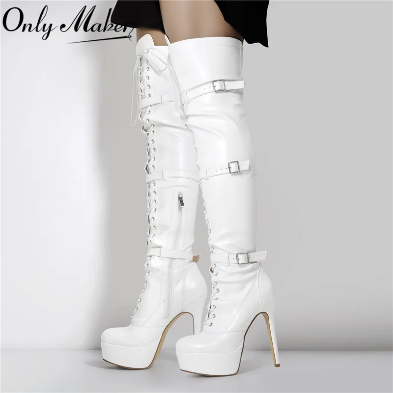 Onlymaker Over The Knee Boots Winter  Women\'s Platform Round Toe Stiletto Zipper Patent Leather White Black Fashion Sexy Boots