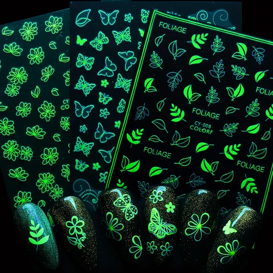 Luminous Effect Butterfly Leaf Flower Dragonfly Nail Sticker Glow in the Dark Glitter Decal 3D Green White Slider SACY001-009