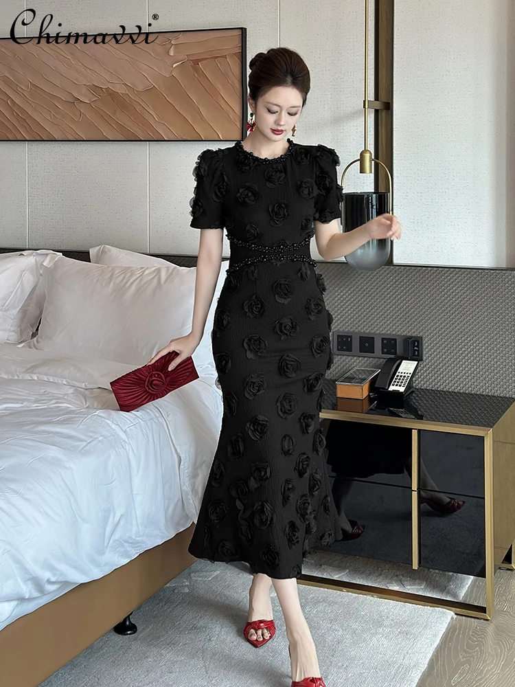 

French Elegant Hepburn Socialite Black Evening Dresses Beaded Crew Neck Bubble Sleeve High Waist Slim Fishtail Long Dress Women