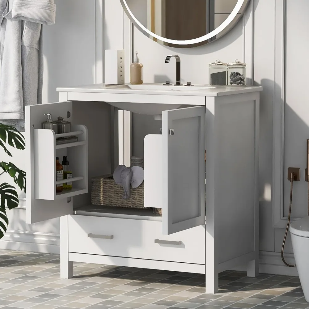 Bathroom Vanity with Top Sink Single Bathroom Vanity Set with 2 Doors and a Drawer, Soft Closing, Bathroom Vanity