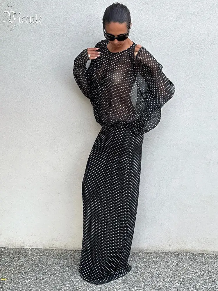 VC elegante pure lange jurken met stippen – doorzichtige mesh slanke maxi-jurk met lange mouwen, moderne zwarte stropdas feestjurk voor dames
