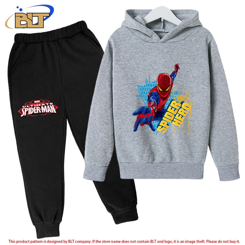 Spider-Man children's fleece hoodie suit gray sports sweatshirt pants two-piece suit for boys and girls