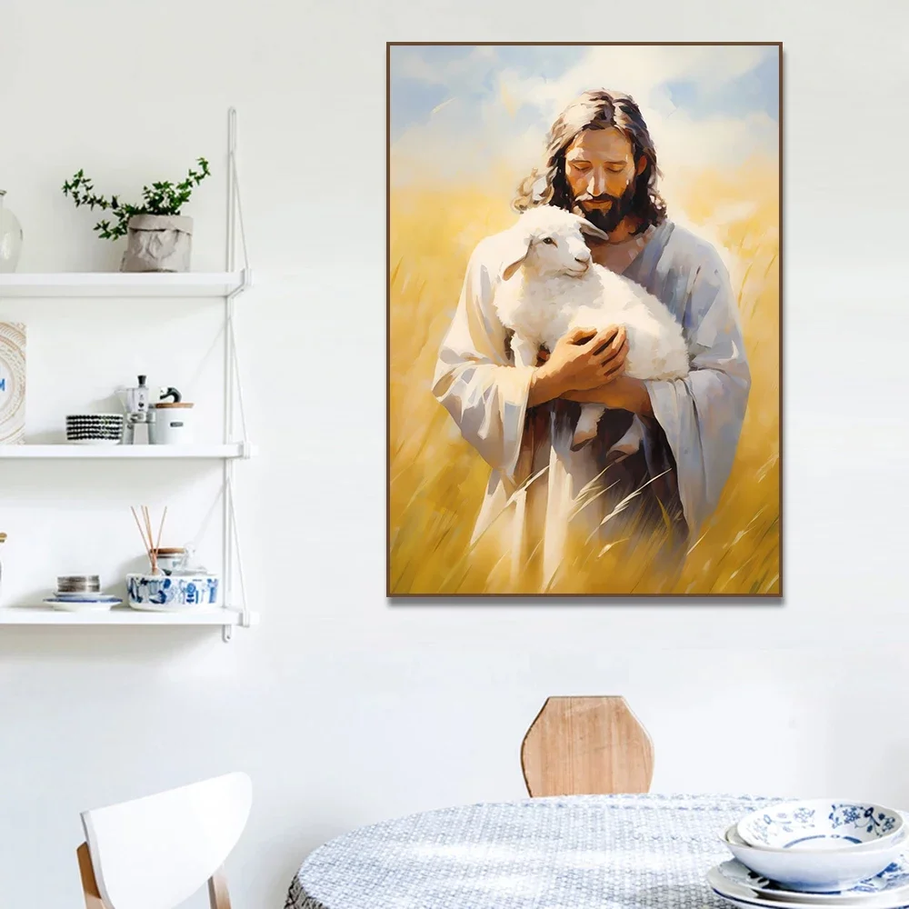Christ Jesus and The Lamb Watercolor Posters Prints Canvas Printing Vintage Wall Art Picture for Living Room Home Decor Gift - view 3
