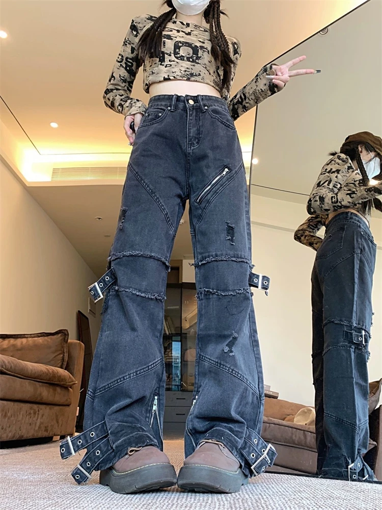 

Осень 202, женские винтажные лоскутные черные джинсы с высокой талией, прямые брюки 90-х годов, уличная одежда, повседневные джинсовые брюки Y2K