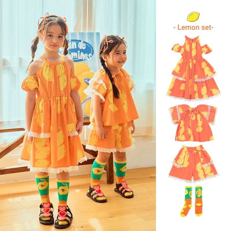 

BEBEBEBE Sisters Dress 2024 Summer Lemon Printed Children's Wear Girls Off-the-Shoulder Dress Short Sleeve Suit