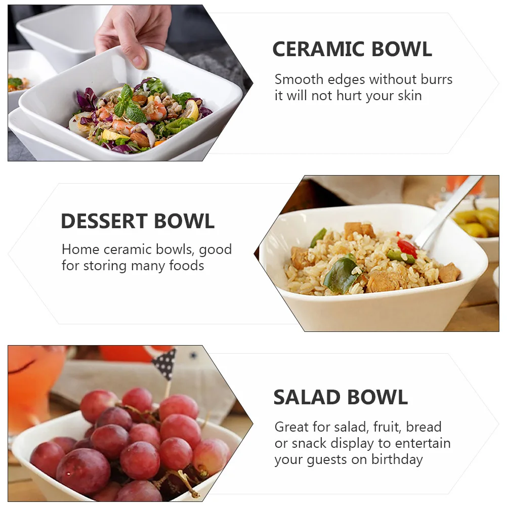 

1Pcs Ceramic Bowl Square Salad Bowl for Food Serving Dessert Fruit Rice Noodle Breakfast Lunch Dinner Home Kitchen Use