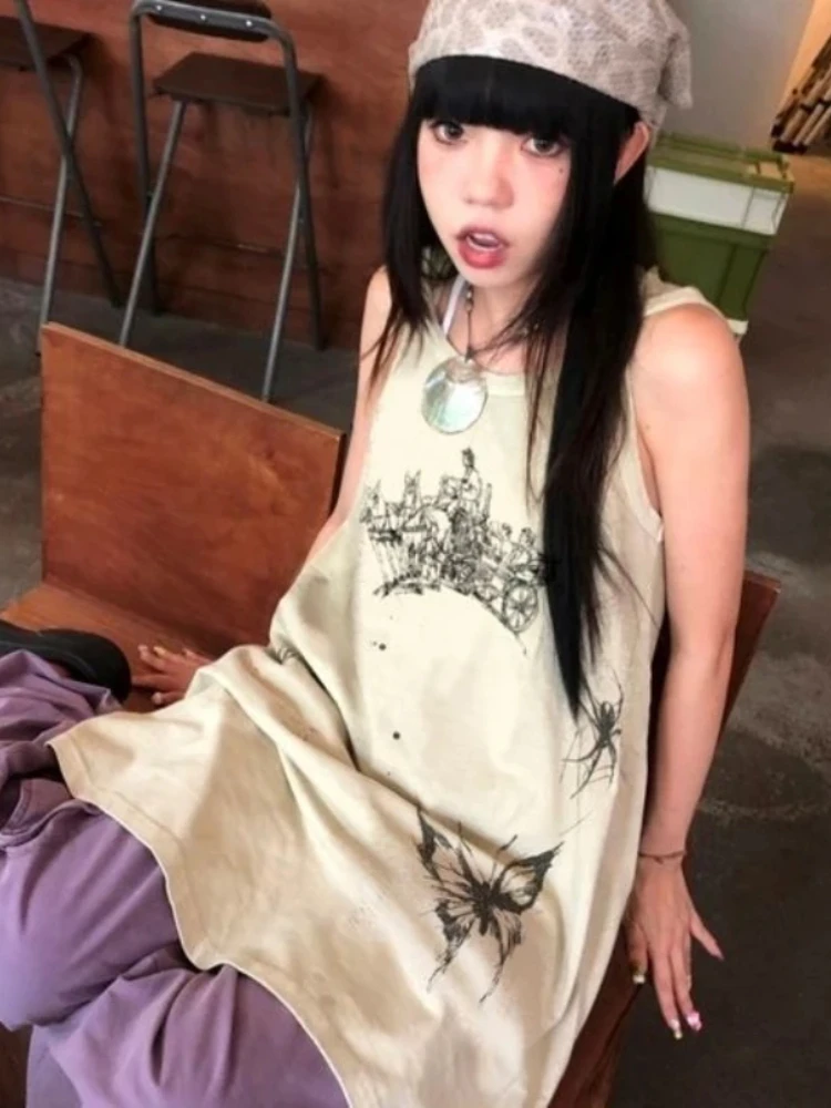 Été Y2K rétro Harajuku style à capuche sans manches parapluie en forme de femmes robe à bretelles, Américain épicé fille à la mode tops emo