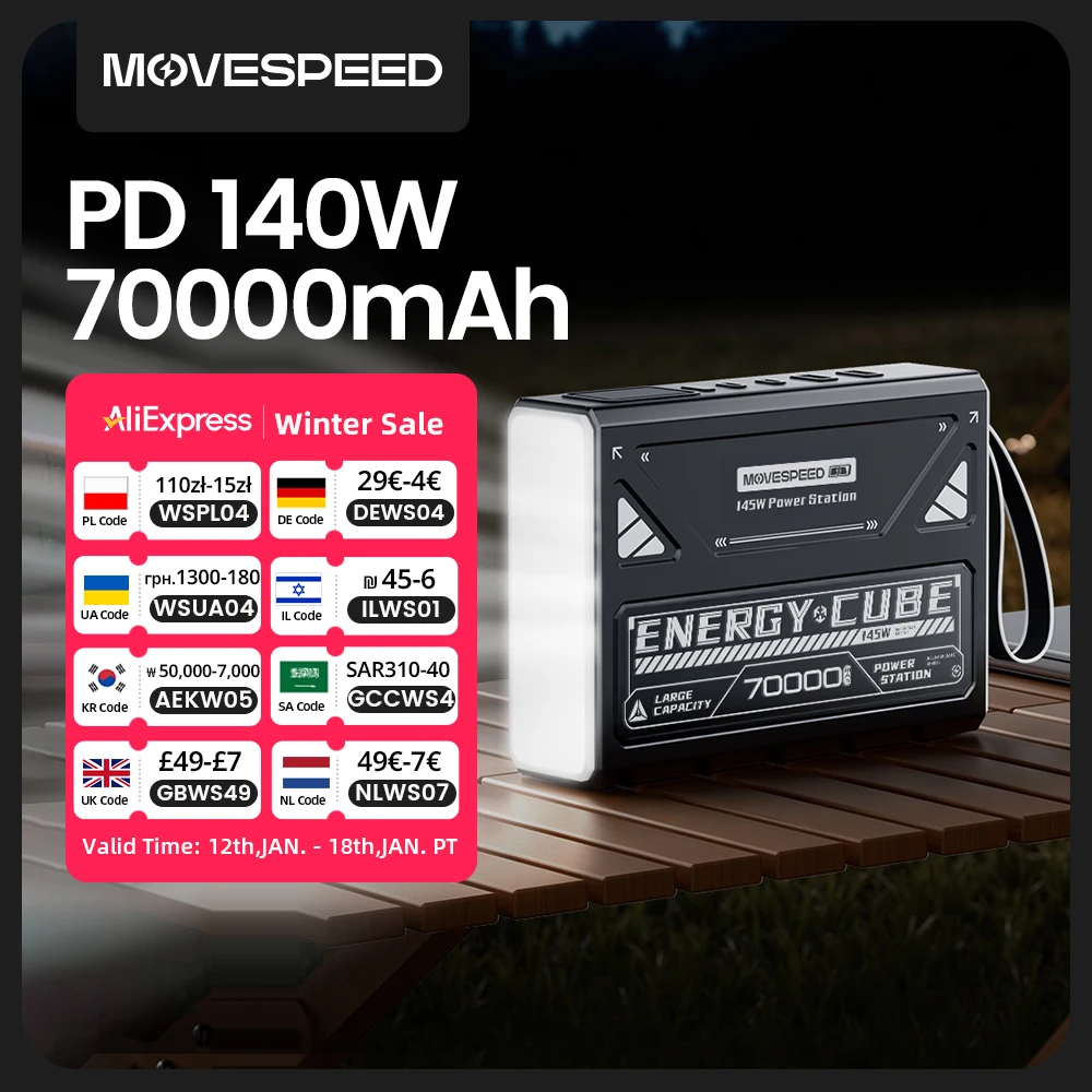 MOVESPEED Z70Pro Power Bank 70000mAh 140W PD Stazione di alimentazione a batteria esterna a ricarica rapida con torcia per laptop da campeggio all'aperto