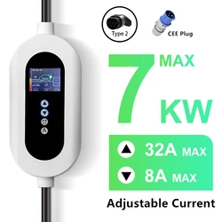 Portable EV Charger Type2 Charger Portable Electric Vehicle Car Charger 7KW 32A IEC62196 J1772 GBT EVSE Charging Station