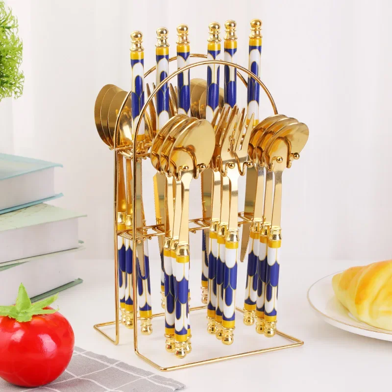 24 Pieces High-Grade Stainless Steel Western Tableware Steak Knife Fork Spoon Set Knife Holder European Handle