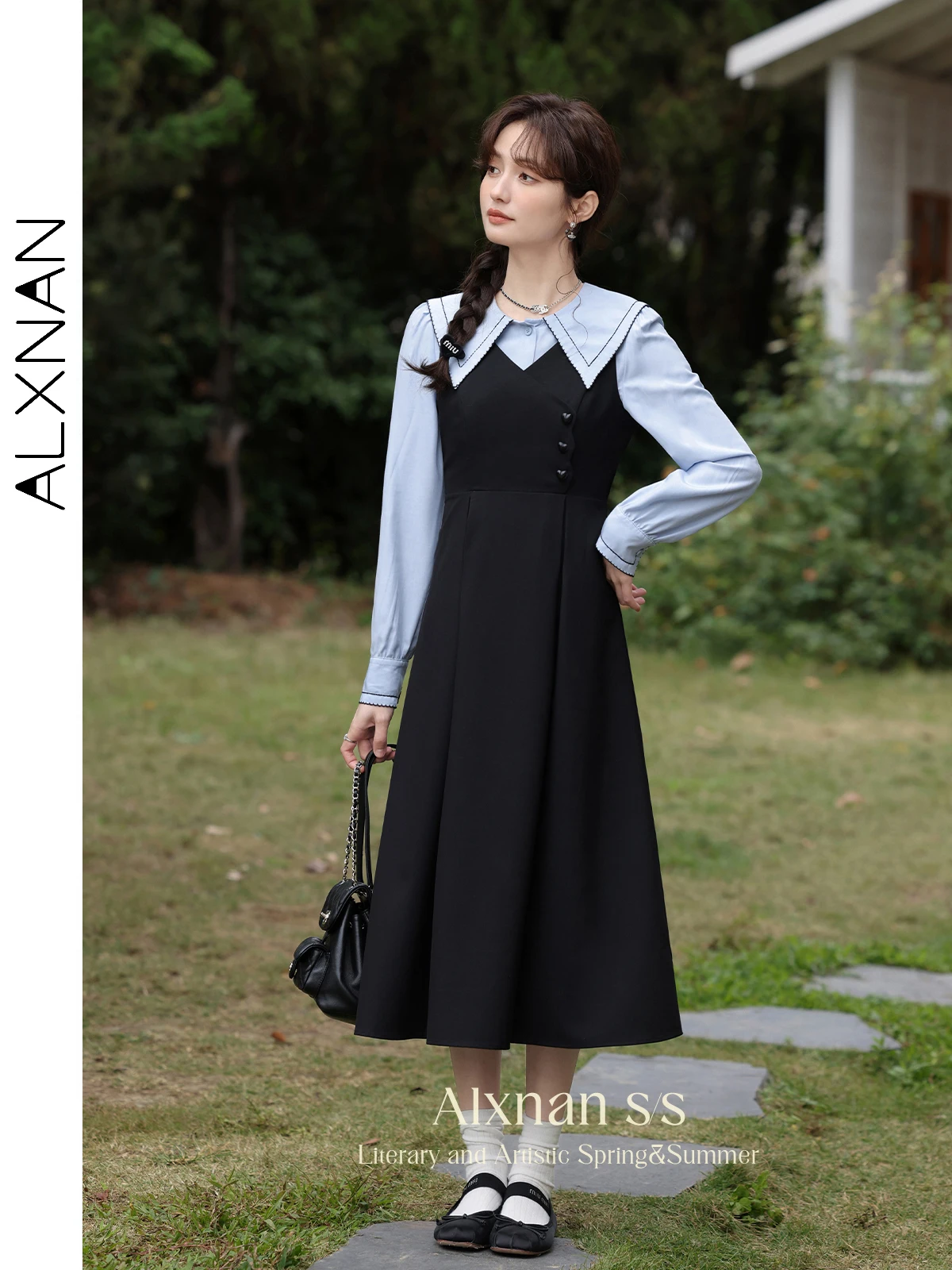 

ALXNAN Delicate Dresses for Women 2024 New Autumn Sundress A-Line V-Neck Sleeveless Solid Patchwork Midi Preppy Dress L335201