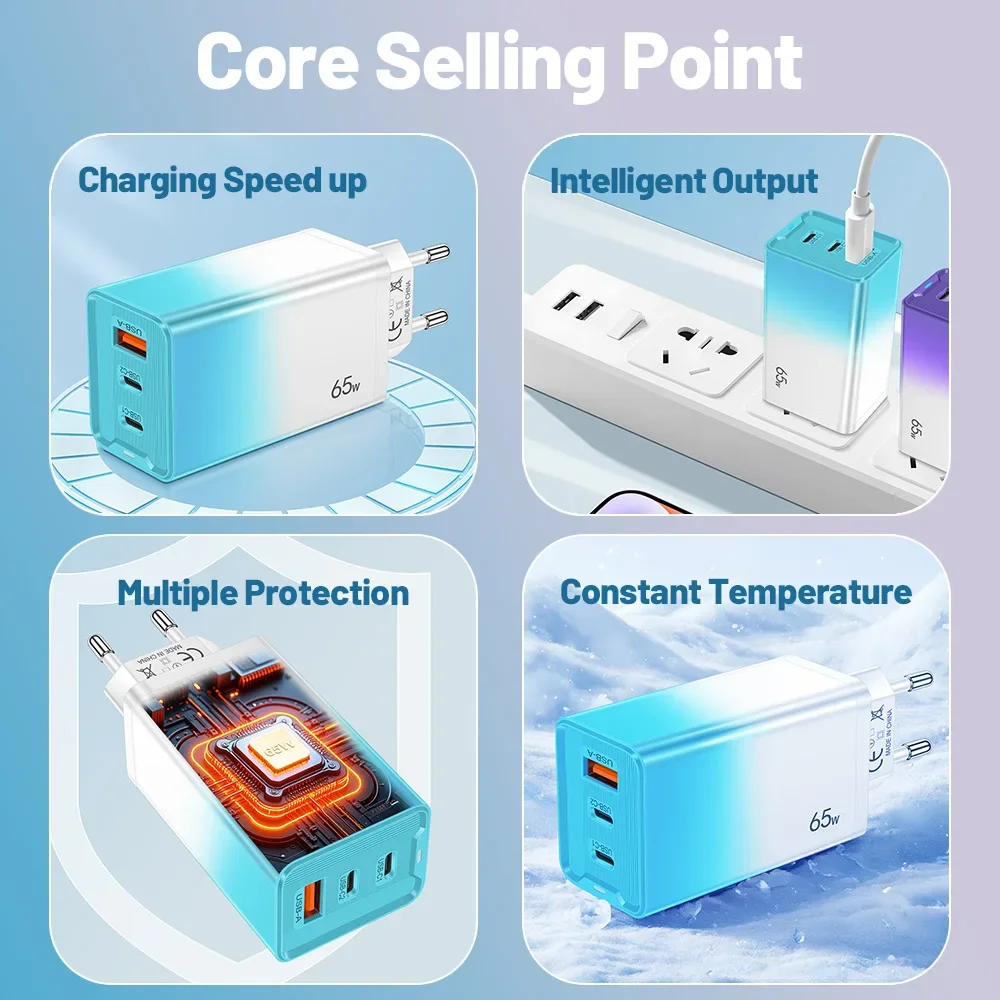 65W Fast Charger USB Type C Quick Mobile Phone Charger 3 Ports Charger Adapter For iPhone 16 Pro Samsung EU/US/UK Plug 2025