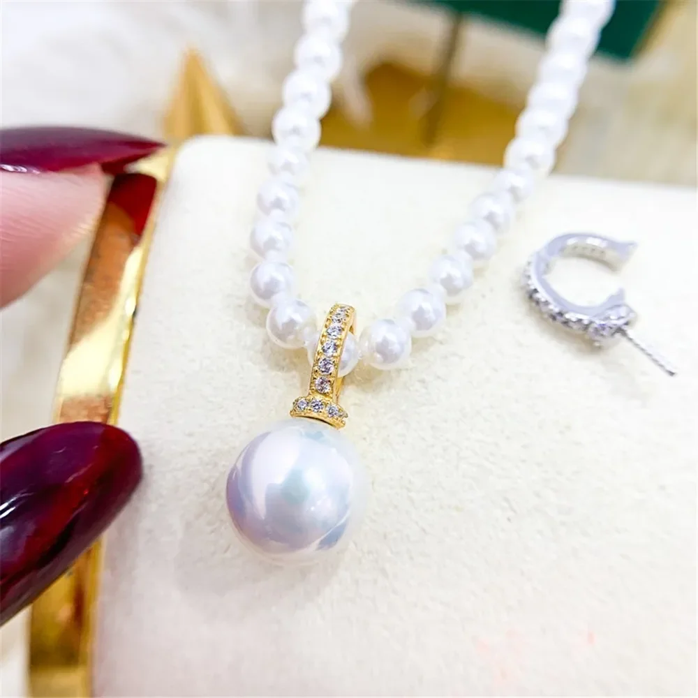 

DIY Pearl Accessories S925 Pure Silver Pendant with Empty Support Gold Silver Necklace Buckle and Fit 10-15mm Circle D273