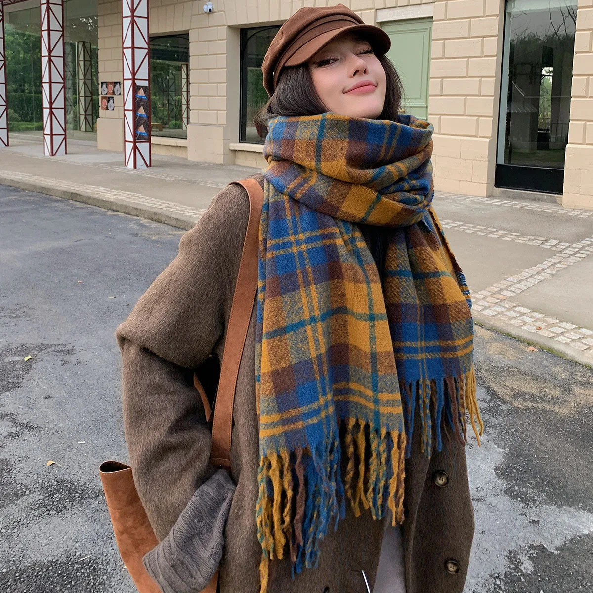 Plaid Fashion Scarf Women Winter Thickened Shawl Everything Warm Bib Double-sided Long Imitation Cashmere Scarves Cape Bandana