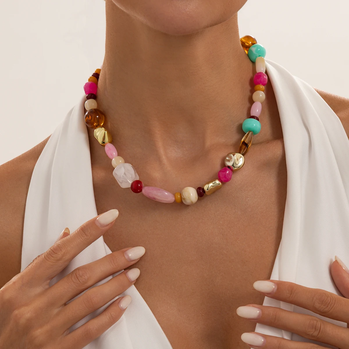Ingemark Boho Bunte Harz-Acryl-Perlen-Choker-Halskette für Damen, Elegante Verstellbare Schlüsselbein-Kette, Y2K Schmuck-Accessoires – Detail 2