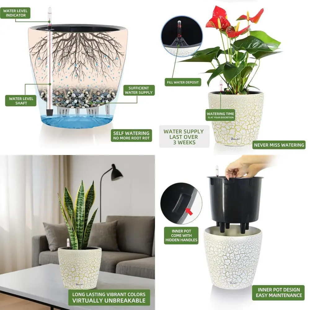 

Большое кашпо 11x10 дюймов для дома и улицы с автополивом, внутренним горшком, утолщенной конструкцией, индикатором уровня воды - бело-золотой дизайн